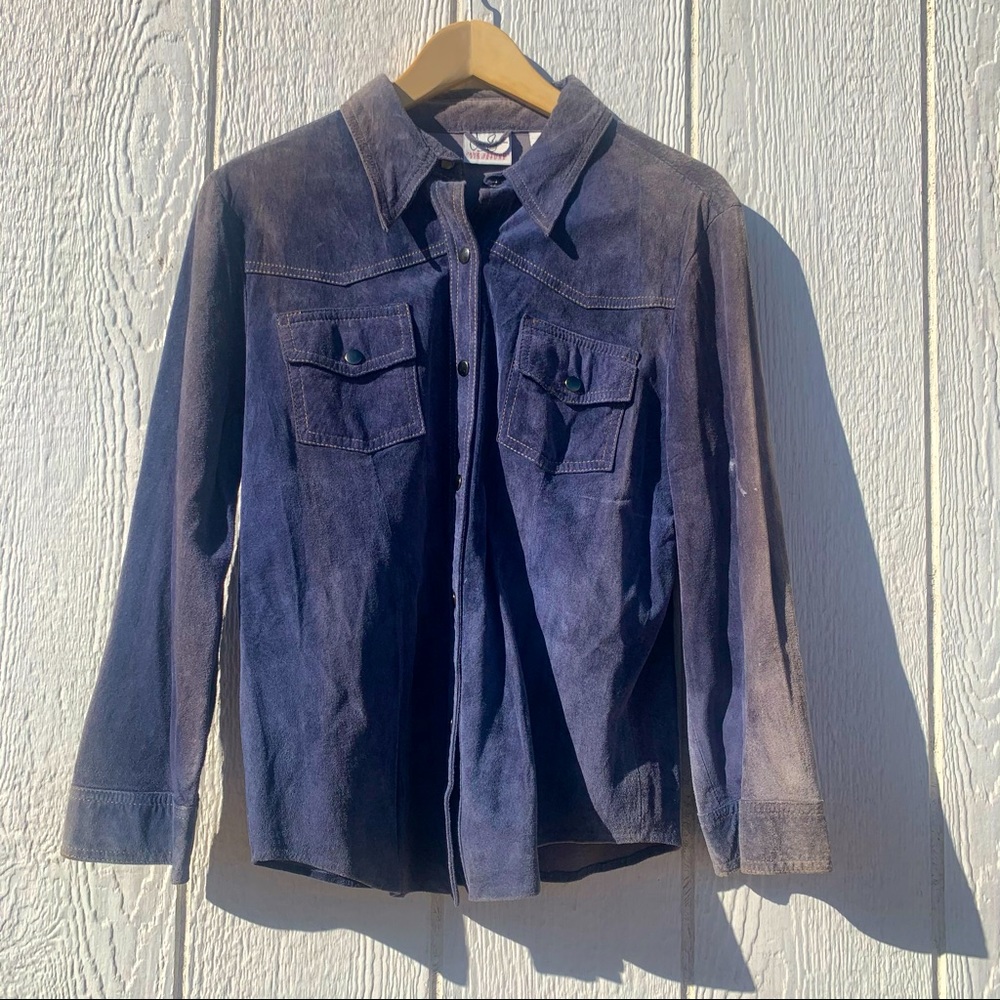 Vintage Genuine Leather Blue Suede Button Down